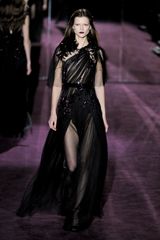 Gucci Fall 2012 Asymmetrical See-Through Embellished Evening Gown With Beading, Cape Sleeves And Layered Maxi Skirt In Black 