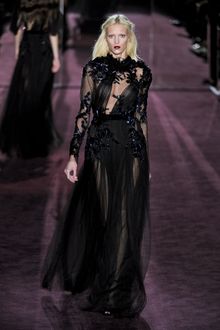 Gucci Fall 2012 Long Sleeve Asymmetrical Front Embellished Evening Gown With Deep Decolletage, Beading And Layered Maxi Skirt In Black  - Lyst