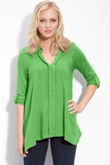 Pleione Split Neck Roll Sleeve Mixed Media Top - Lyst