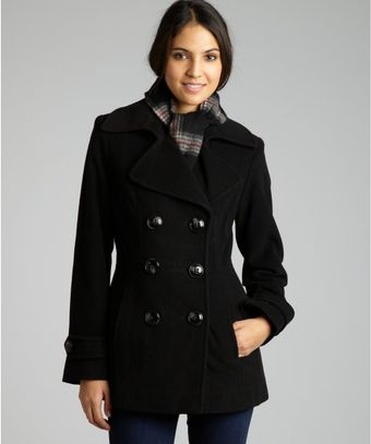  Black Wool Blend Peacoat with Scarf 