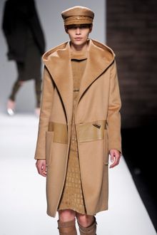 Max Mara Fall 2012 Long Wool Coat With Oversized Hood, Patch Pockets, Leather Insert And Toggle Closure In Camel  - Lyst