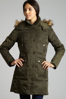 London Fog Army Green Quilted Faux Fur Hooded Down Coat - Lyst