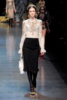 Dolce & Gabbana Fall 2012 Knee Length Pencil Skirt With Central Lace Panel In Black  - Lyst
