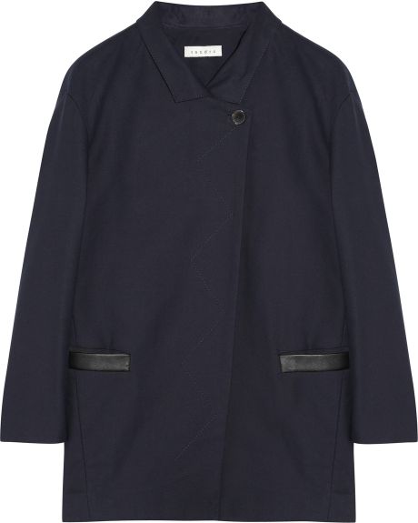 Sandro Leathertrimmed Cotton Coat in Blue (navy) - Lyst
