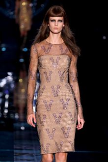 Versace Fall 2012 Corseted Knee Length Pencil Dress With Beaded Net Layer With Long Sleeves In Beige  - Lyst