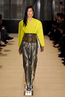 Balenciaga Fall 2012 Belted High Waisted Wide-Leg Parachute Pants With Pleated Front And Asymmetrical Closure In Silver  - Lyst