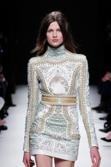 Balmain Fall 2012 Embellished Long Sleeve Crew Neck Mini Dress With Prints In Pale Green And White 