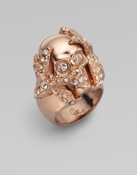 Alexander Mcqueen Swarovski Crystal Accented Skull Barnacle Ring in Gold (rose) - Lyst
