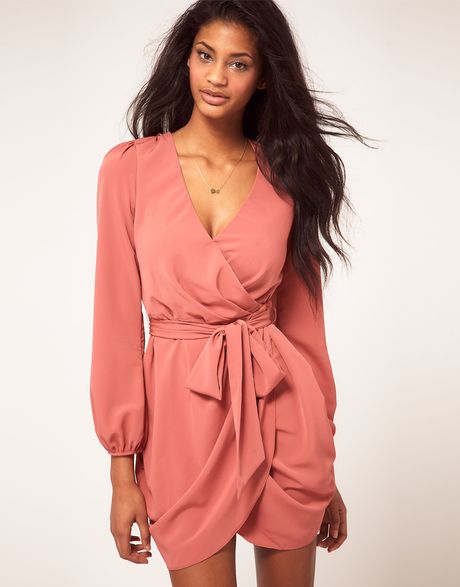 Asos Collection Asos Wrap Dress with Tie Waist in Pink (nude) | Lyst Asos Collection Asos Wrap Dress with Tie Waist in Pink (nude) | Lyst