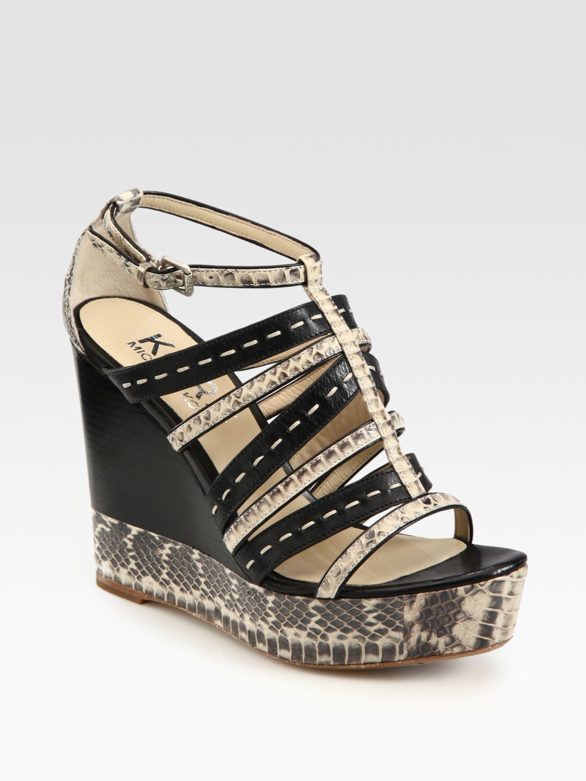Kors By Michael Kors Cardwell Snake-print Leather Wedge Sandals in Black | Lyst