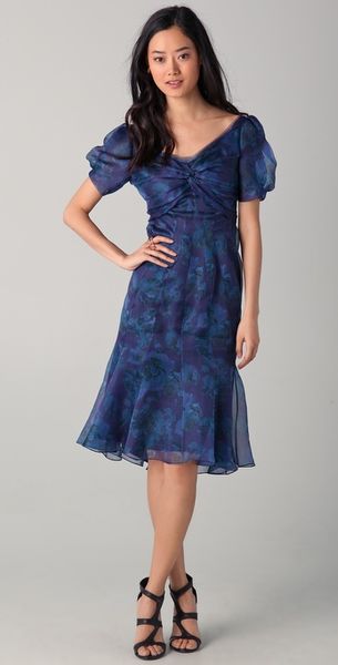 Zac Posen Short Sleeve Floral Dress in Blue (midnight) - Lyst