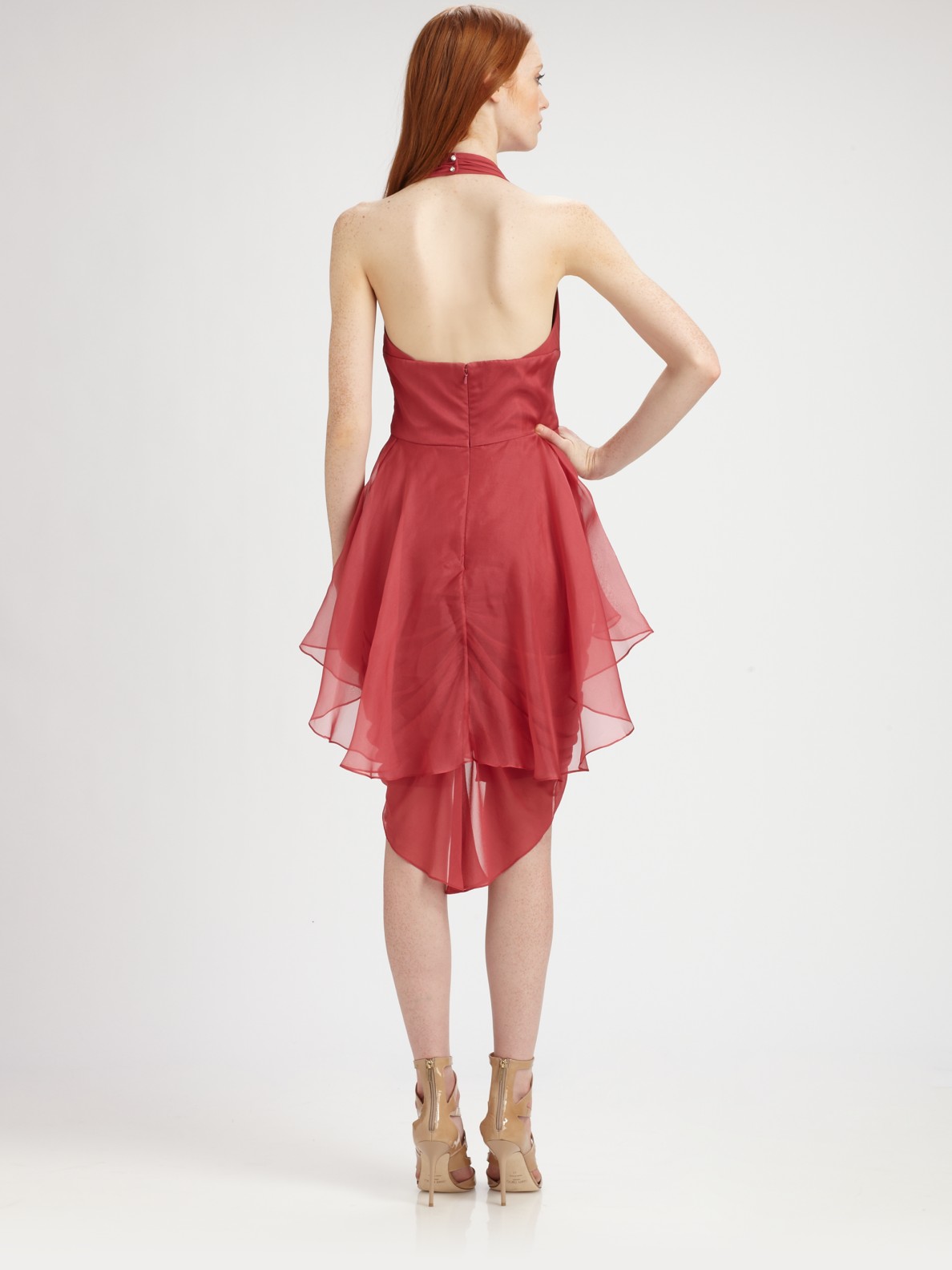 Lyst Badgley Mischka Silk Chiffon Halter Dress In Red