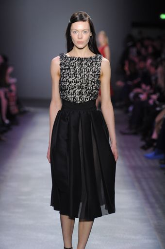 Giambattista Valli Fall 2012 Sleeveless Boucle Dress Attached To A Pleated Black Chiffon Skirt - Lyst