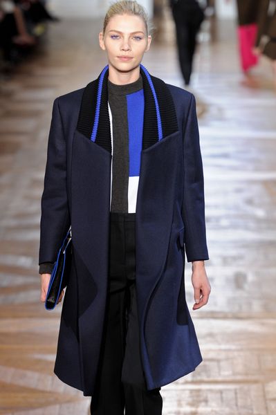 Stella Mccartney Fall 2012 Long Blue Coat with Striped Bomber Collar and Oversized Lapels in Blue - Lyst