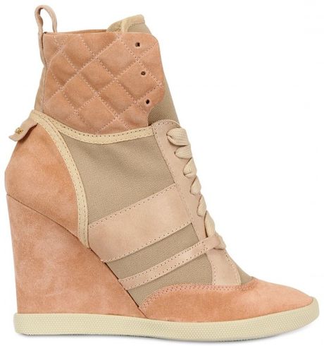 Chloé 80mm Canvas & Suede Laced Wedges in Beige - Lyst