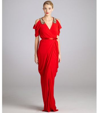  Red Draped Jersey Embellished Cutout Shoulder Gown 