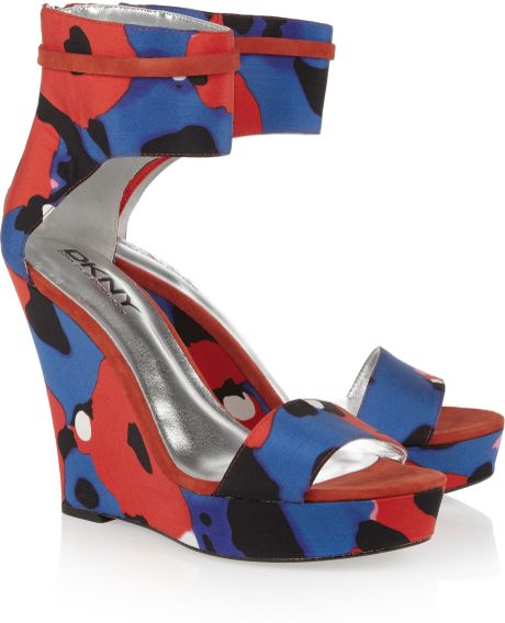 Dkny Printed Canvas Wedge Sandals in Blue (red) - Lyst