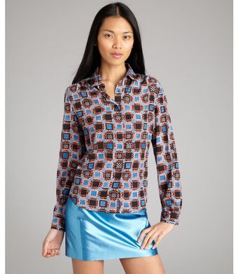  Blue Tile Print Silk Long Sleeve Blouse 