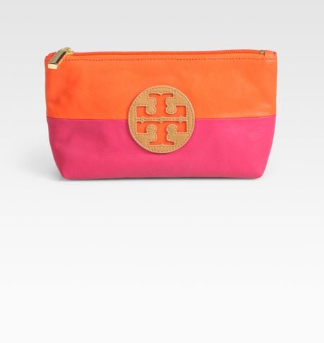 Makeup Cases on Burch Small Canvas Leather Cosmetic Case In Orange  Fuchsia    Lyst