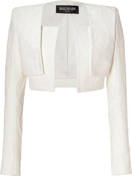 Balmain  Cropped Cotton Blend Jacket in White - Lyst
