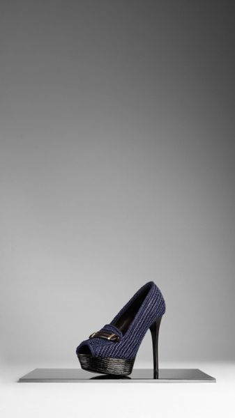 Burberry Raffia Peep Toe Platform Shoes in Blue (ink) - Lyst