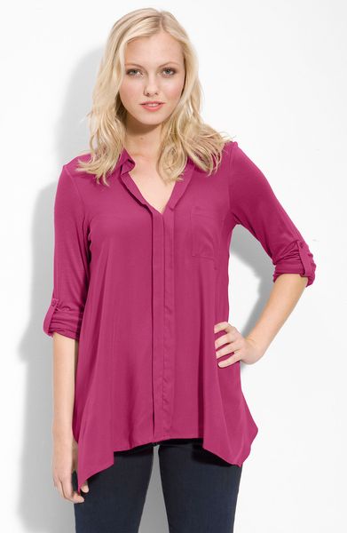 Pleione Split Neck Roll Sleeve Mixed Media Top in Pink (pink fuchsia) - Lyst
