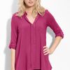 Pleione Split Neck Roll Sleeve Mixed Media Top in Pink (pink fuchsia) - Lyst