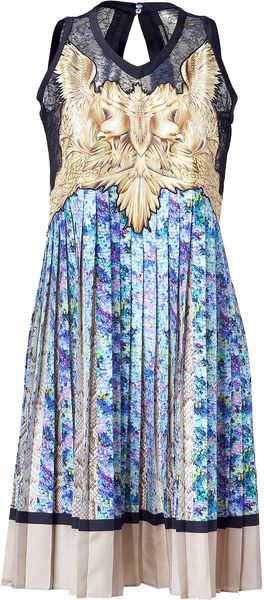 Roberto Cavalli Blue and Cream Printed Plissee Pleated Silk Dress - Lyst