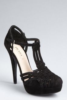 Prada Black Suede Woven Tstrap Platform Pumps - Lyst