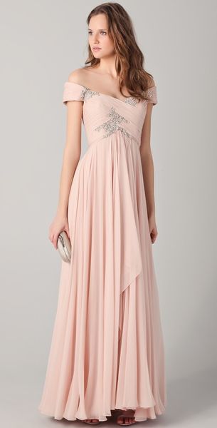 Marchesa Off The Shoulder Gown with Beading in Pink (blush) - Lyst