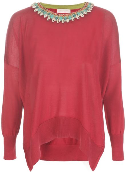 Matthew Williamson Silk Knit Curved Rib Hem Jumper Beaded in Red - Lyst