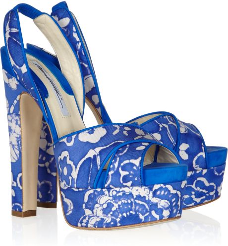 Brian Atwood Manhattan Printed Twill Slingback Sandals in Blue - Lyst