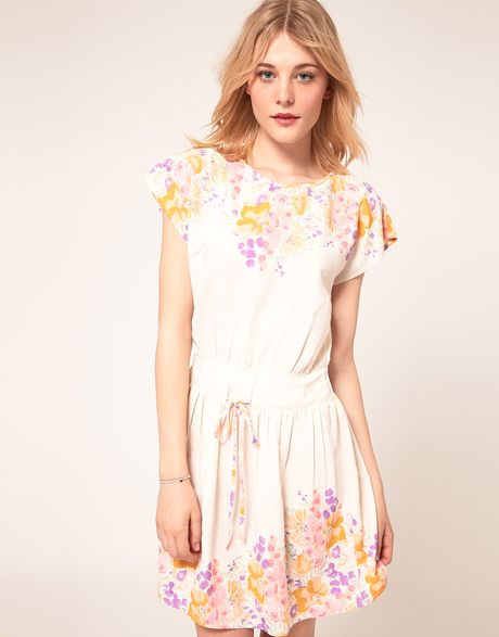 Asos Collection Skater Dress With Floral Border Print in Beige (cream) - Lyst