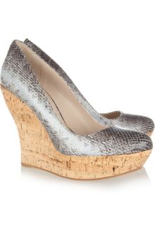Miu Miu Snakeeffect Leather and Cork Wedges - Lyst