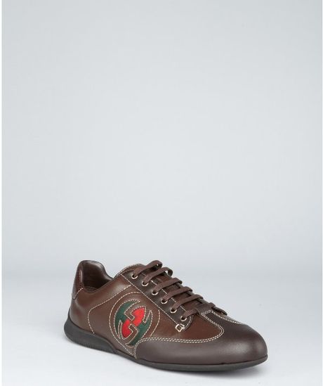 Gucci Cocoa Leather Oslo Web Logo Lace Up Sneakers in Brown (cocoa) - Lyst