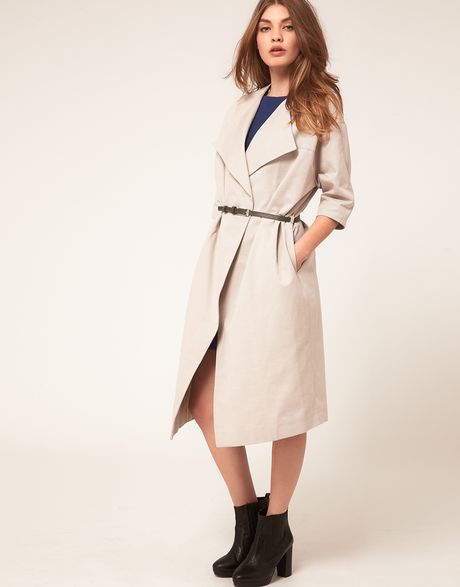 Asos Collection Asos Midi Belted Coat in Beige (grey) - Lyst