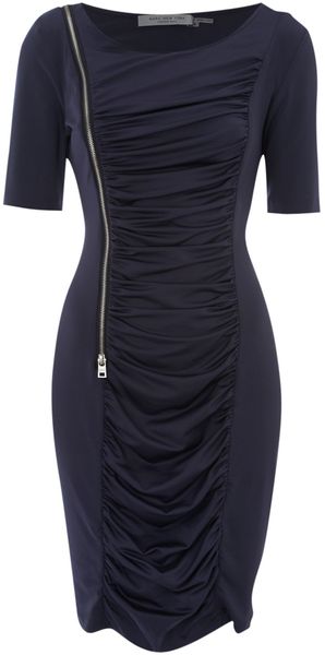 Andrew Marc Short Sleeve Centre Ruched Zip Dress in Blue (navy) - Lyst
