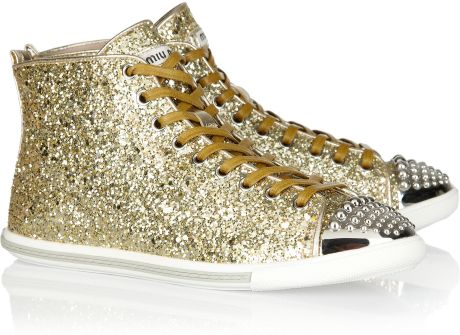 Miu Miu Glittered Leather Hightop Sneakers in Gold - Lyst