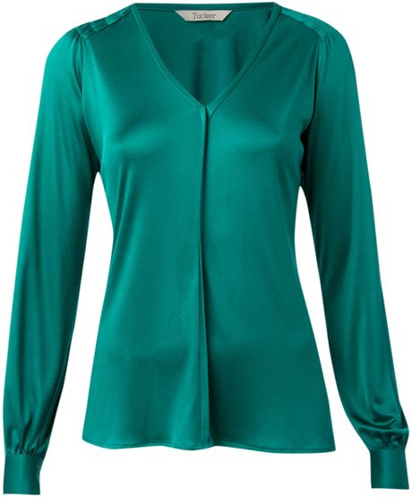 Tucker Long Sleeve V Neck Blouse In Green Dark Green Lyst