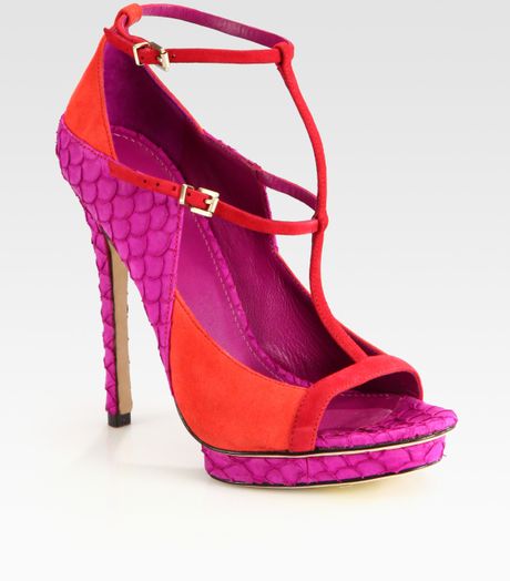 B Brian Atwood Suede and Fishprint Leather Colorblock Tstrap
