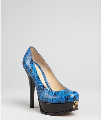  Sea Blue Lizard Embossed Leather Logo Platform Pumps 