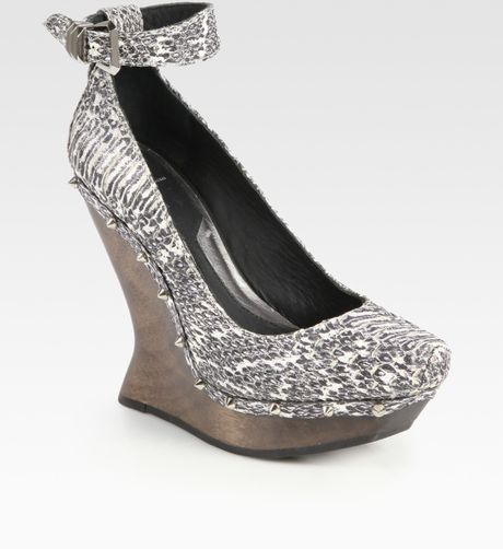 Mcq By Alexander Mcqueen Studded Snakeprint Leather Wedge Pumps in Gray (natural) - Lyst
