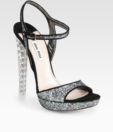 Miu Miu Glitter and Suede Jeweled Heel Sandals in Silver (anthracite) - Lyst