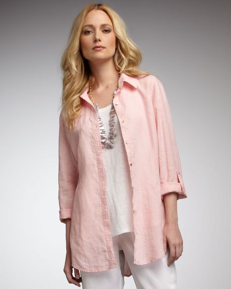 Eileen Fisher Long Linen Blouse in Pink (blush) | Lyst