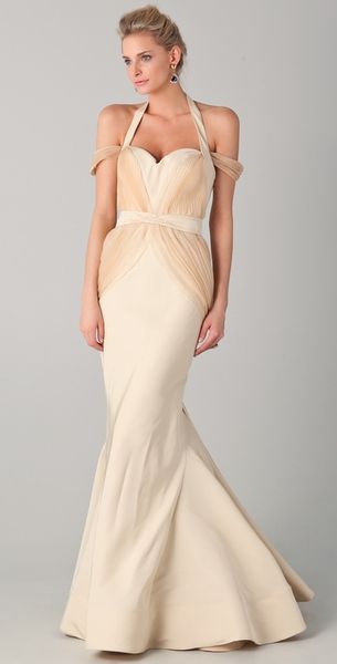 Zac Posen Off The Shoulder Gown with Halter Straps in Beige (ivory) - Lyst