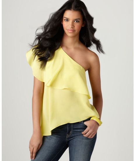 Bcbgeneration Sleeveless One Shoulder Ruffle Tiered A Line Asymmetrical Hem in Yellow (lemon glow) - Lyst