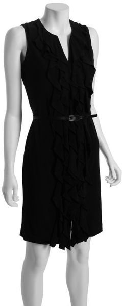  Black Knit Jersey Sleeveless Ruffle Belted Dress 