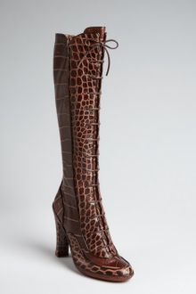 Celine Aztec Cocoa Croc Embossed Leather Lace Up Tall Boots - Lyst