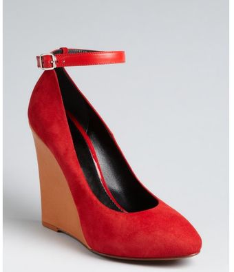 Celine Red Suede Ankle Strap Colorblock Wedge Pumps - Lyst