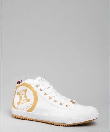 Celine White and Gold Canvas Logo Laceup Sneakers in White - Lyst